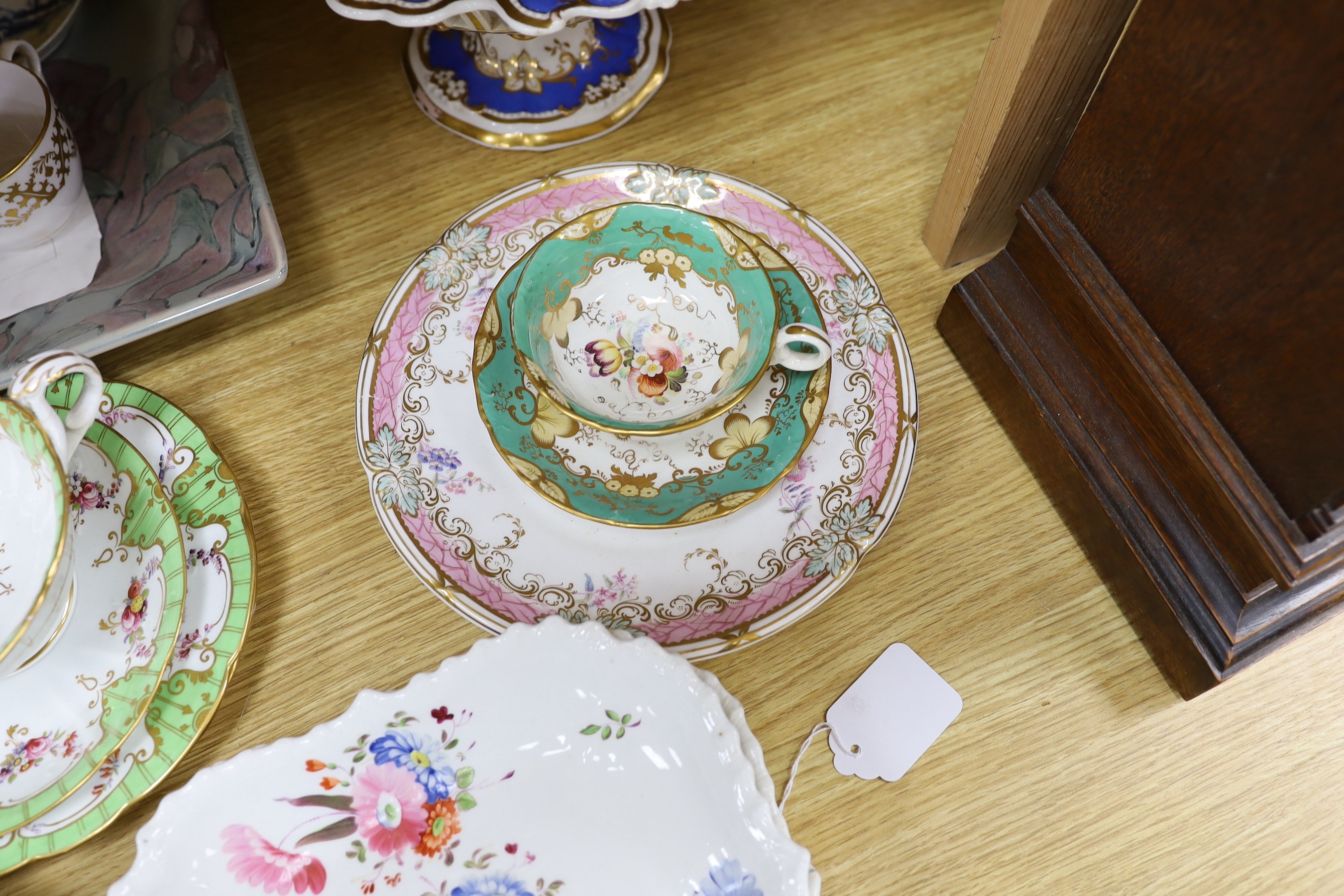 A Worcester Canonball-pattern blue and white saucer, and other 18th and 19th century tableware